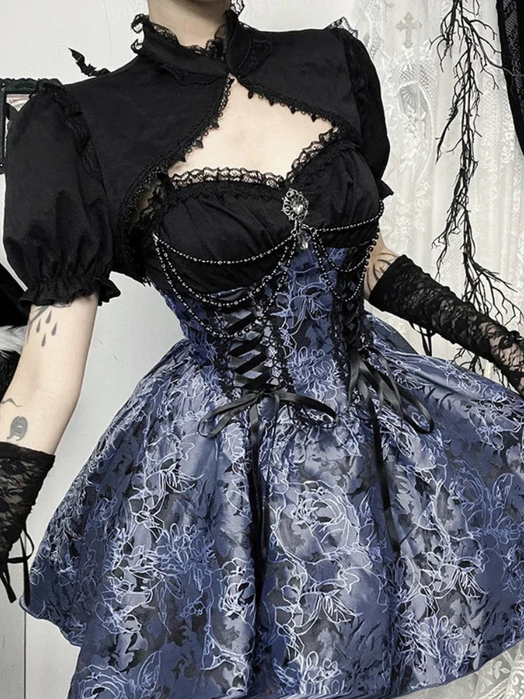 Vintage Gothic Smock Women Elegant Cute Lace Patchwork Puff Sleeve Crop Tops Aesthetic Fairy