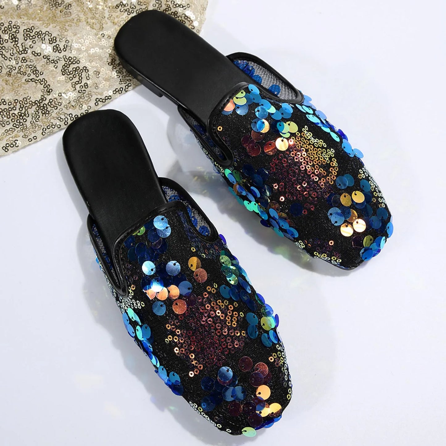 Women Casual Sequin Decoration Slipper Square Toe Flat Bottom Comfortable Sandals Slides Black / 40 / United States Black / 42 / United States
