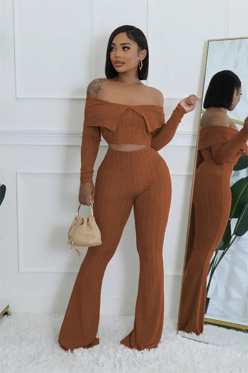 Knitted Two Piece Set Off Shoulder Slash Neck Crop Top and Flare Pants Set