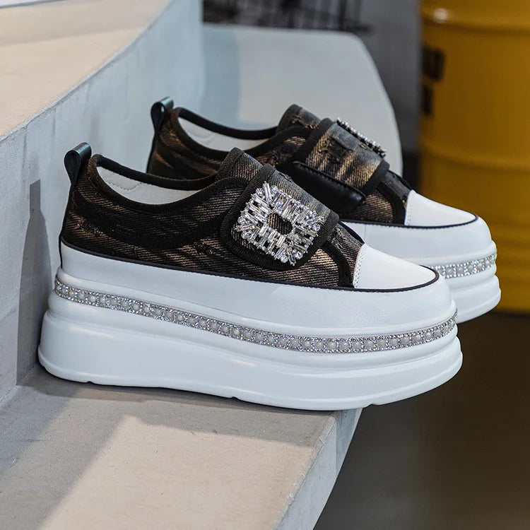 Denim Platform Wedge Genuine Leather Casual Comfy High Brand Chunky Sneakers Hidden Heels Shoes