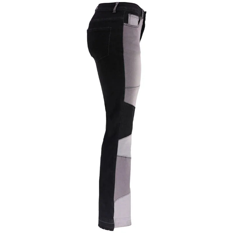 Women Flare Jeans Casual Pants Pannelled Collision High Waist Fit Female High Quality