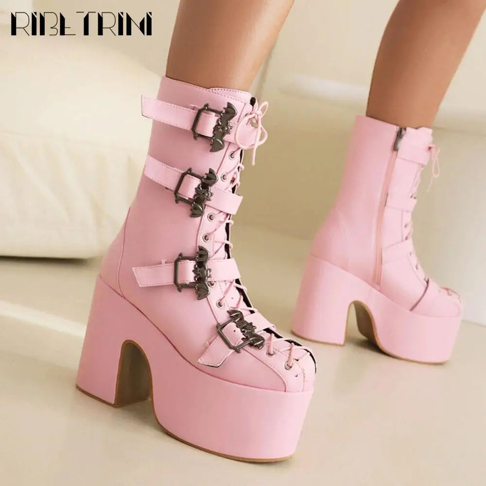 Goth Women Motorcycle Boots Block High Heels Platform Cool Street Boots
