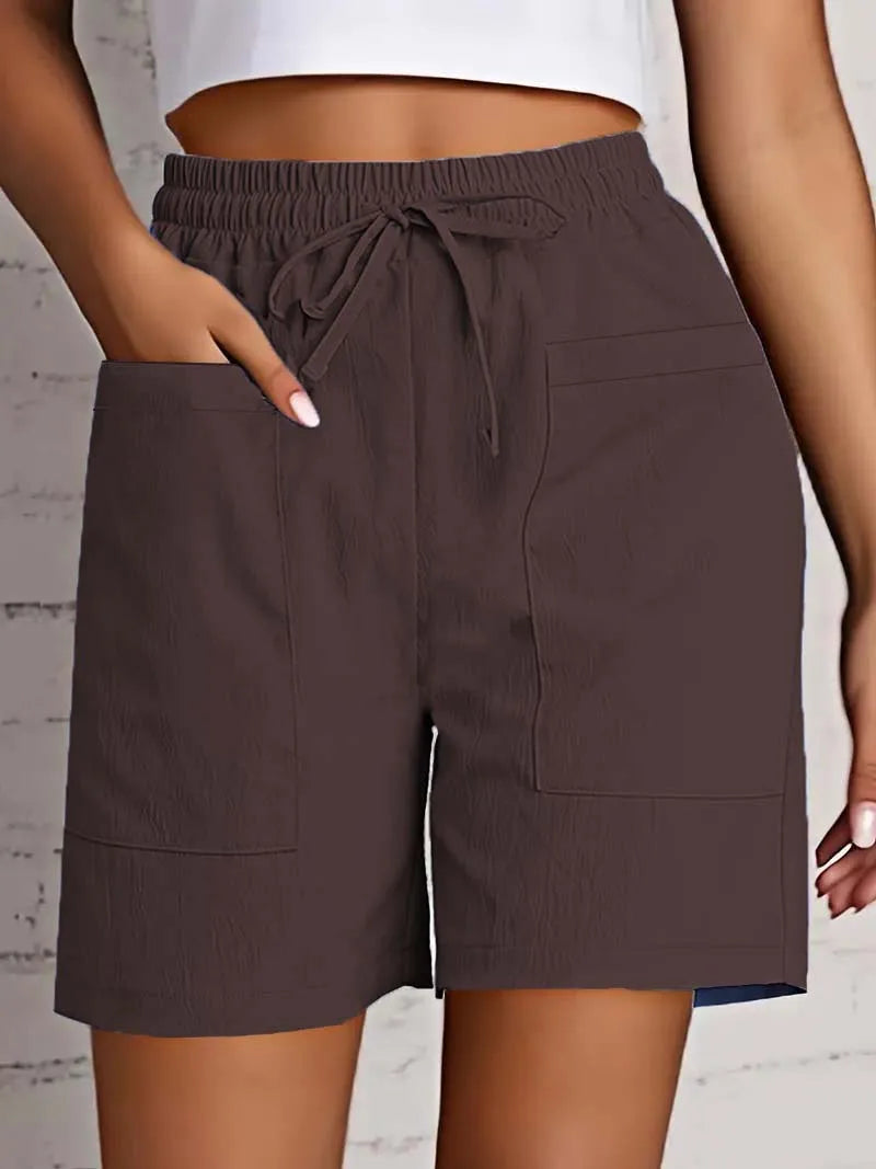 Summer New Women's Solid Color Pocket Loose High Waist Casual Fashion Quarter Shorts