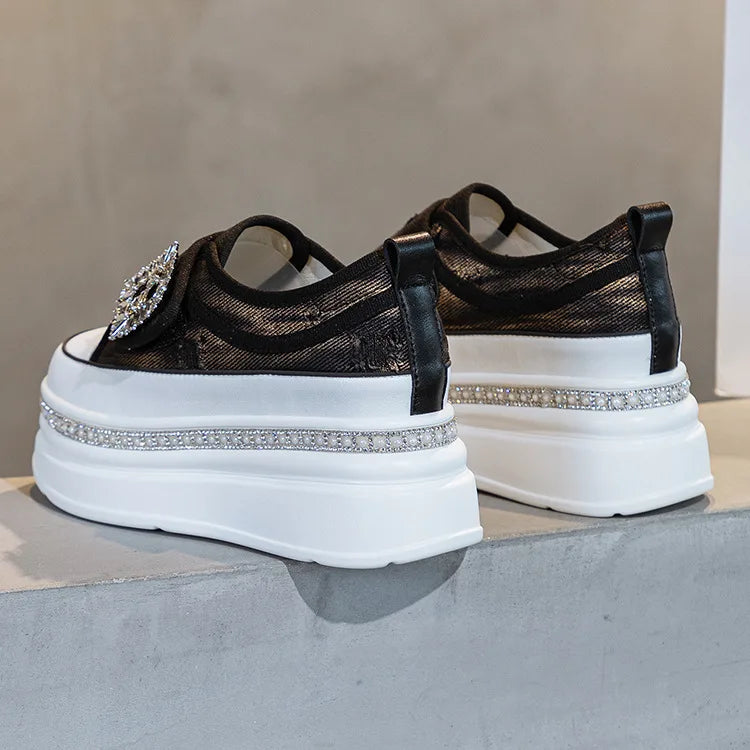 Denim Platform Wedge Genuine Leather Casual Comfy High Brand Chunky Sneakers Hidden Heels Shoes