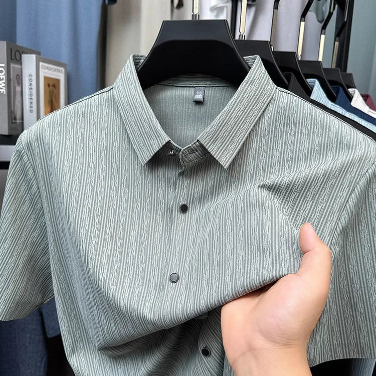 Men's Slim Fit Short Sleeve Dress Shirt Premium Spandex Stretch Fabric Solid Colors Business Casual