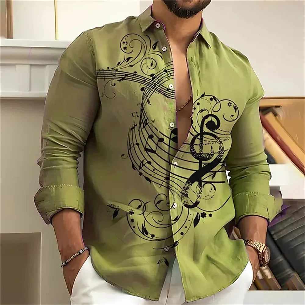 Music note print men's shirt casual open lapel top comfortable long-sleeved