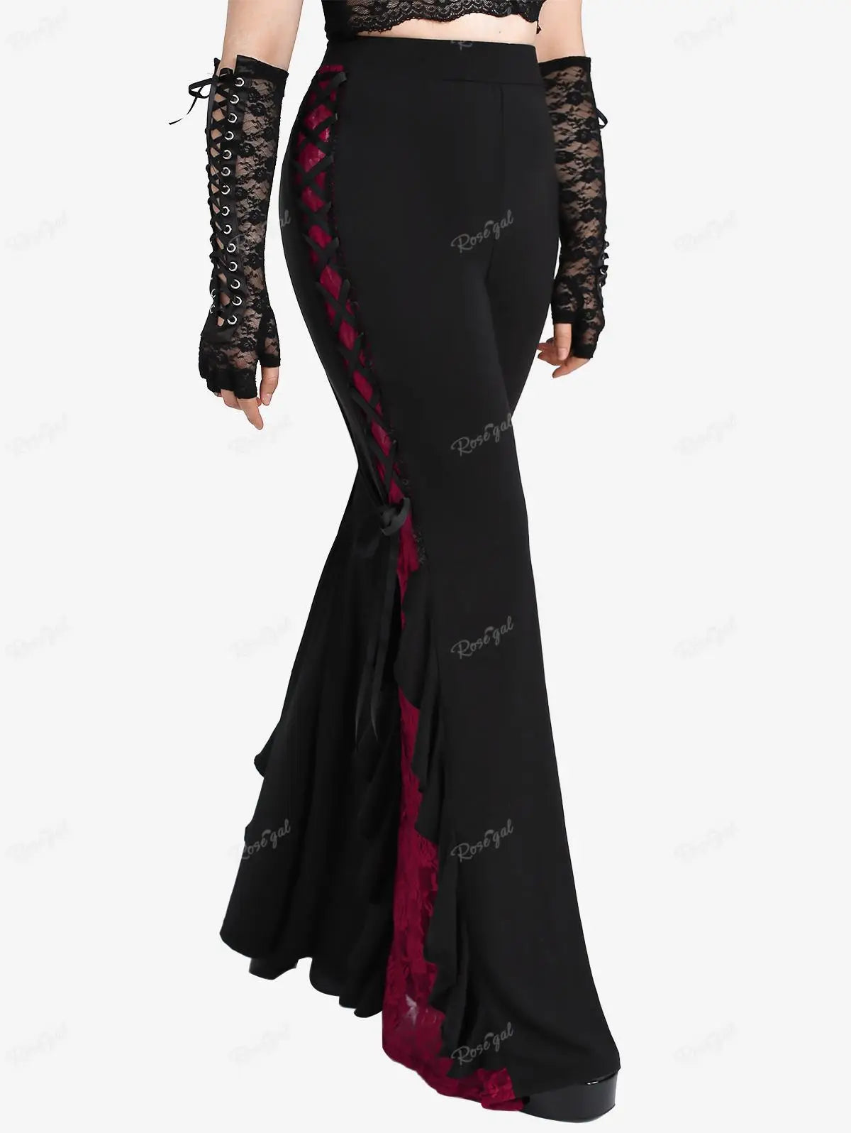 Gothic Lace Panel Lace-up Ruffle Flare Pants Elastic Waist Pull On Pant Colorblock Bell Bottom