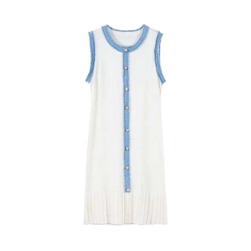 Denim Patchwork Skirts Round Collar Sleeveless Slim Dress Single-breasted Splicing