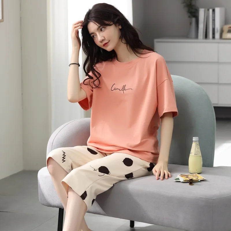 Half-Sleeve Seven-Quarter Trousers Student Nightwear Set Round Neck Cartoon Ladies Pajamas Loungewear