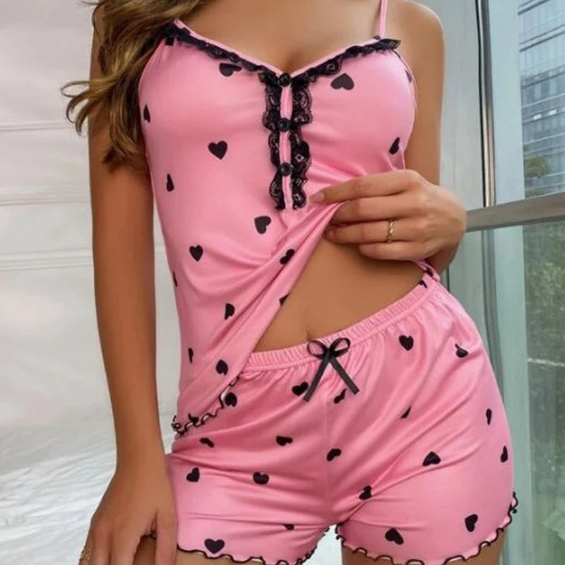 Two Pieces Women Pajamas Set Deep V-Neck Tops And Shorts Pajama Suit Ladies Sleeveles