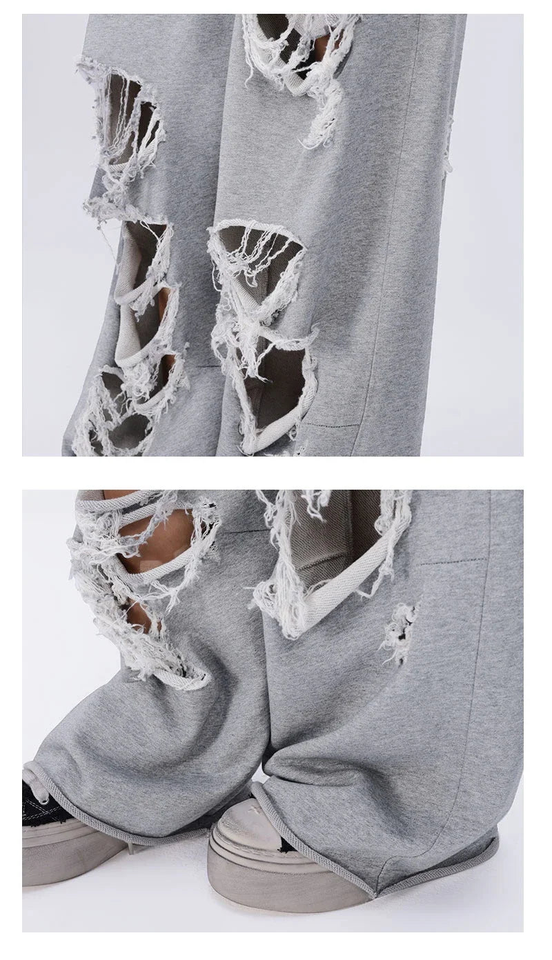 Distressed Gray Baggy Joggers Women Hip Hop Style Grunge Wide Leg Holes Sweatpants