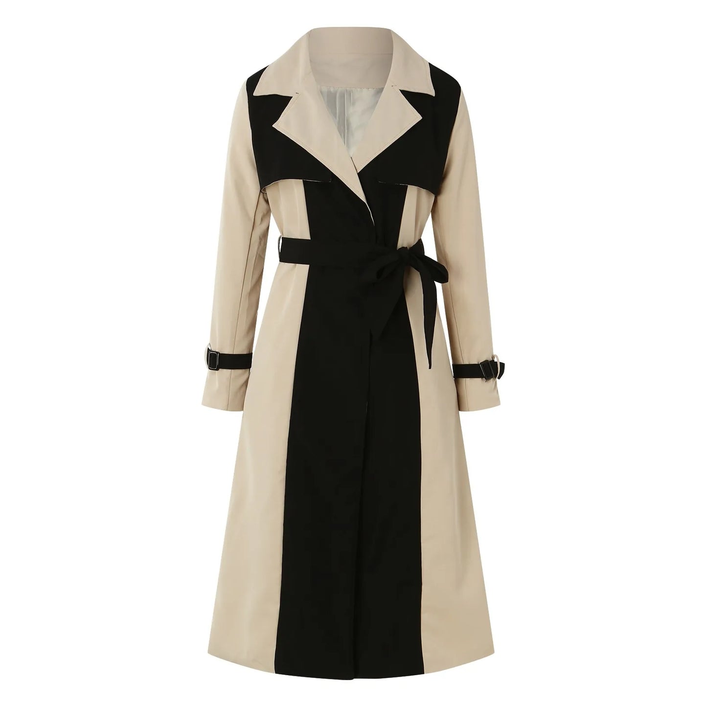 Elegant Long Jacket Women Retro Formal Black Khaki Contrast Notched Collar Windbreaker Coat