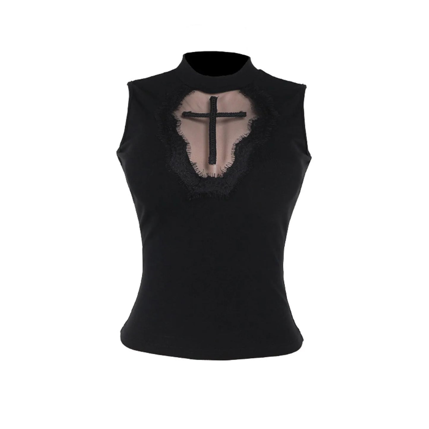 Goth Cross Print Lace Crop Top Camis Black Red Basic Corset Tank Black / S / United States Black / L / United States