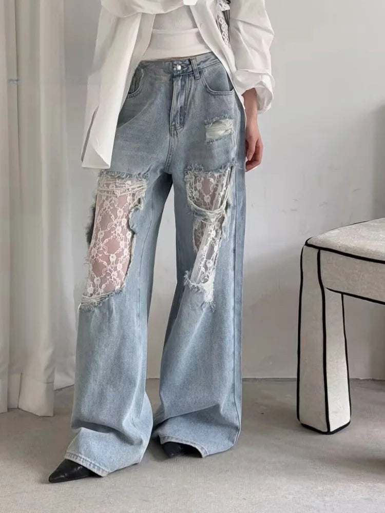 American Style Hottie Hole Lace Spliced Jeans for Women Y2k Fashion High Waist Loose Wide Leg Pants