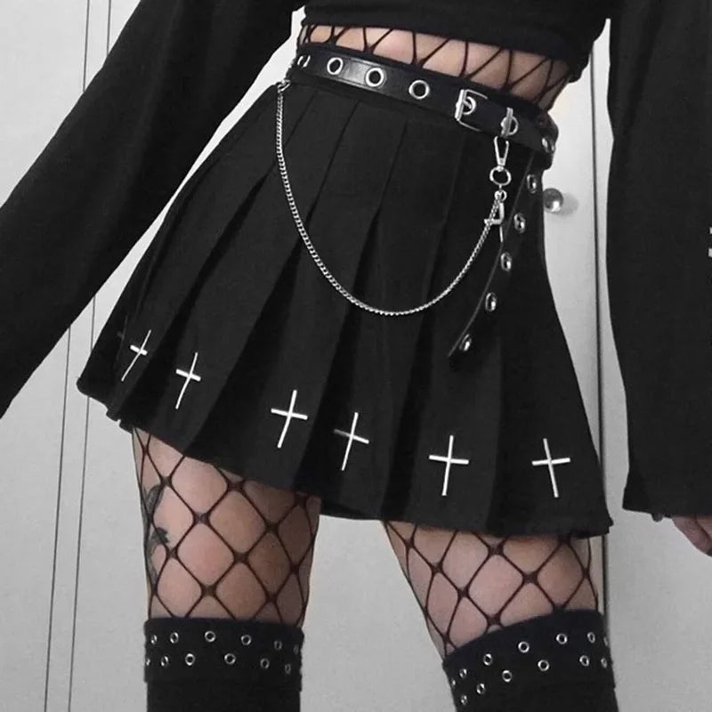 High Waist Pleated Skirt Elastic Waist Cross Embroidery black Pleated