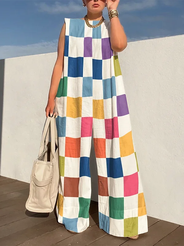 Multicolour Plaid Wide Leg Jumpsuit Sleeveless Oversize Loose Casual