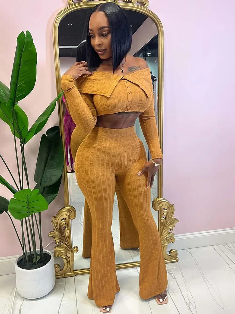 Knitted Two Piece Set Off Shoulder Slash Neck Crop Top and Flare Pants Set