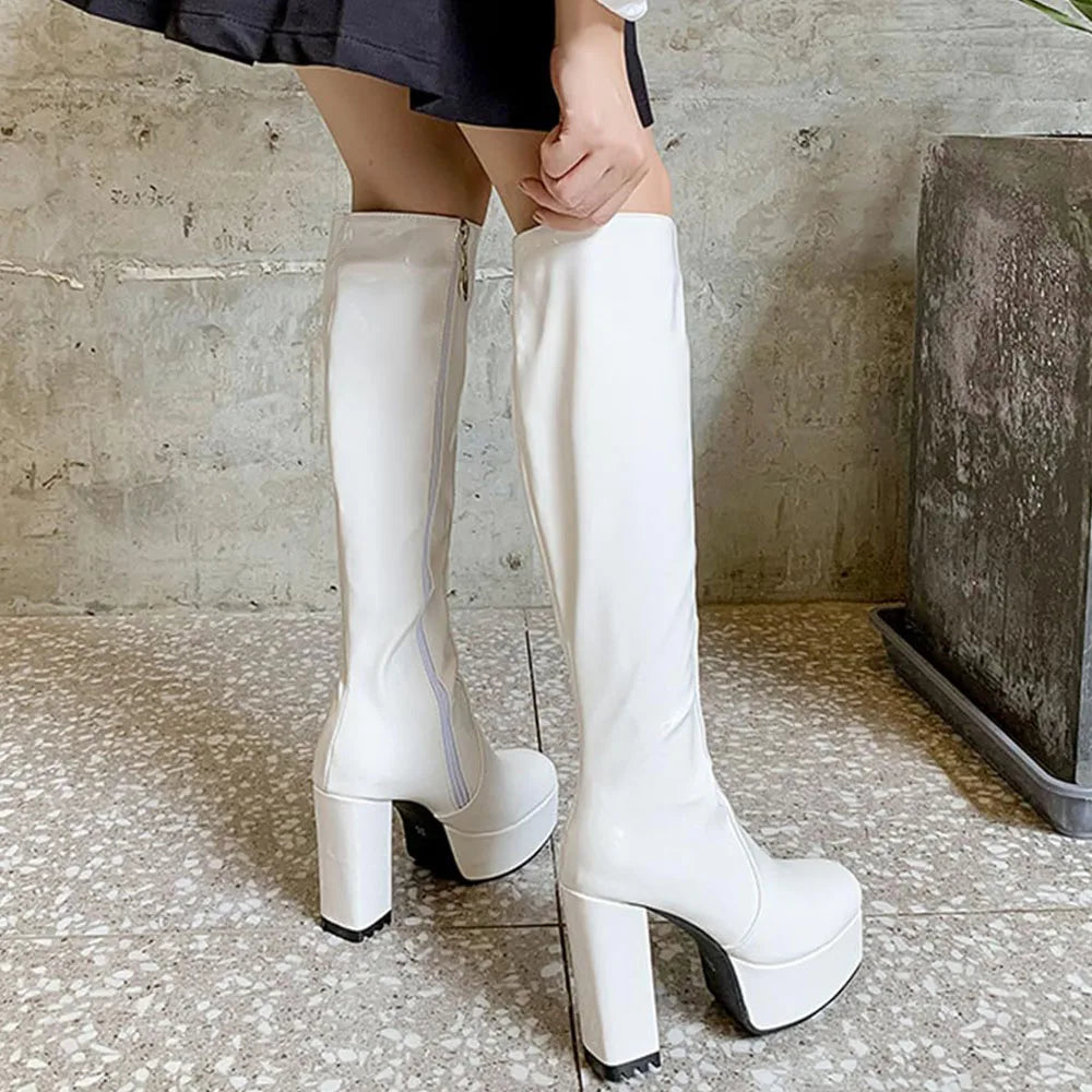 Chunky Heel Platform Women's Knee High Boots Comfortable Side Zipper WHITE / 10 / United States WHITE / 9 / United States
