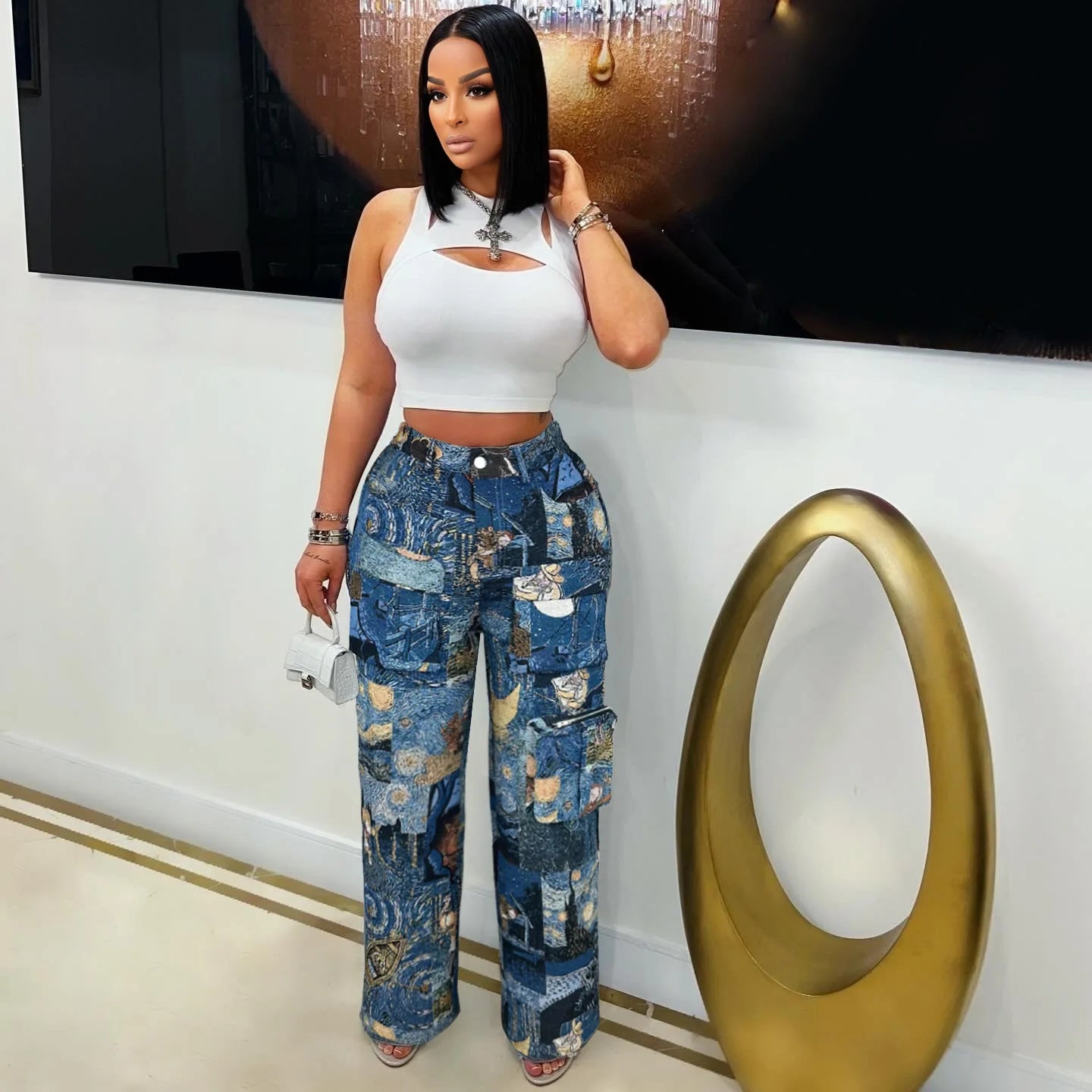 3D Print Wide Leg Cargo Active Hip Hop Straight Sweatpants Trousers
