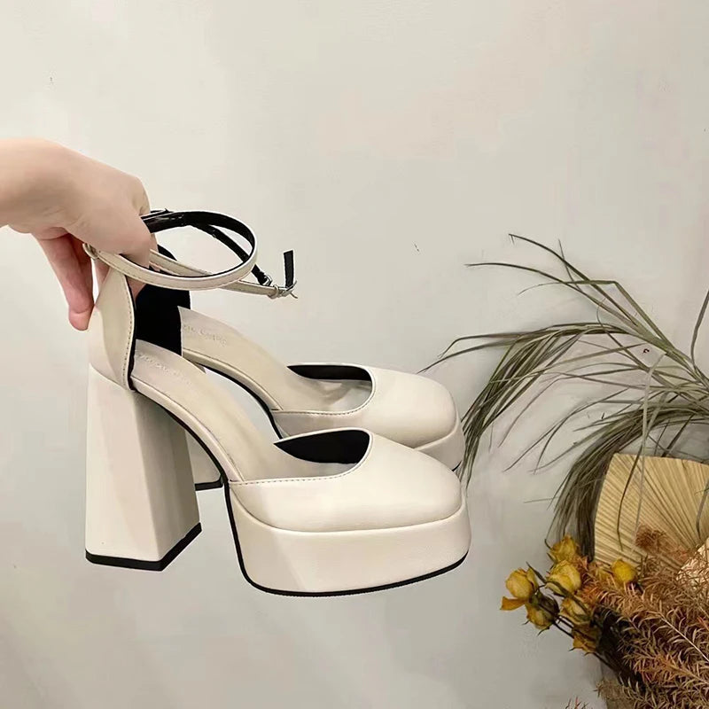 Super-high Heel Thick Heel Shoes Platform Sandal Elegant Round Toe White Heels BEIGE / 35 / United States BLACK / 40 / United States
