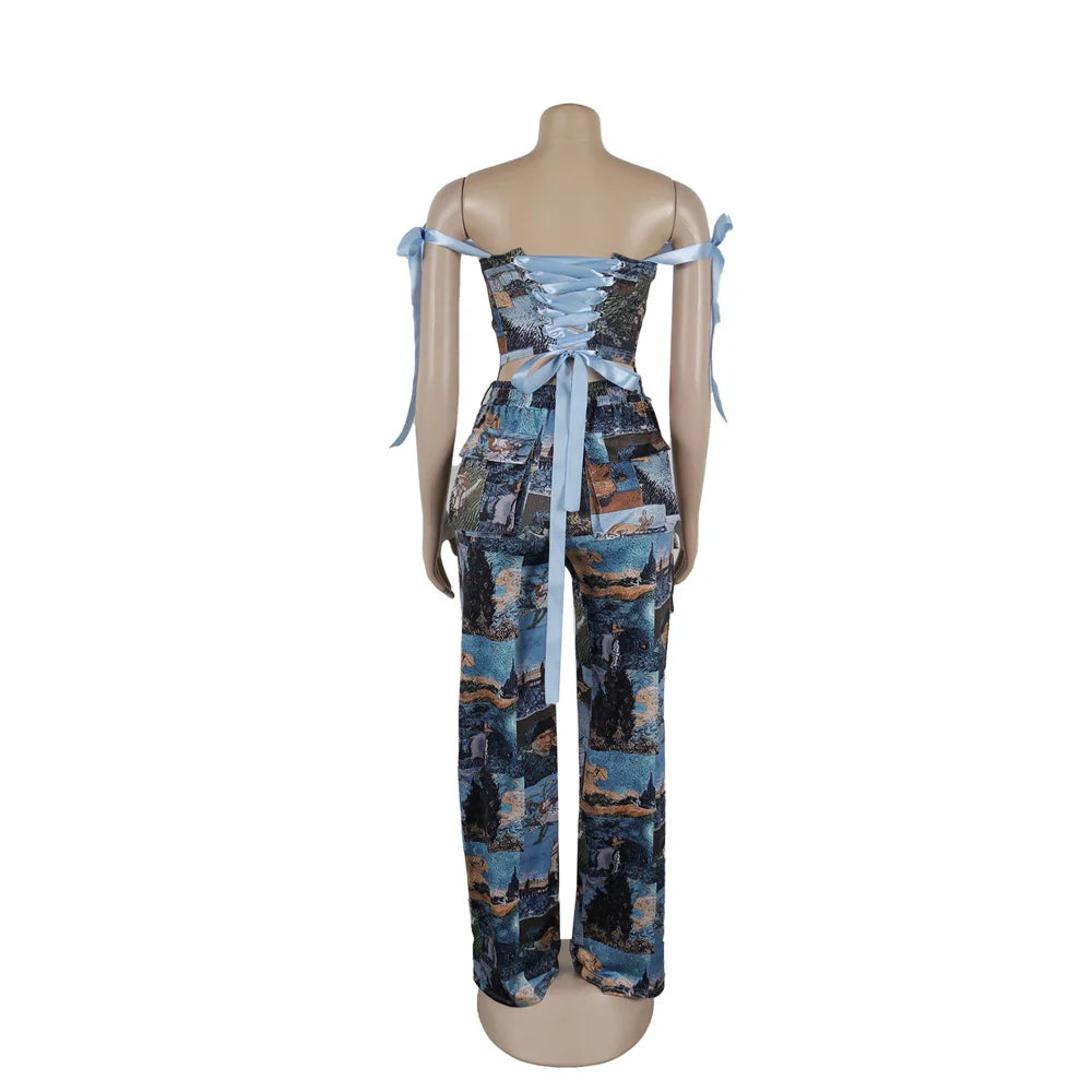 2 Piece Set Print Lace Up Strapless Tops + Wide Leg Pants Club Party Two Piece Outfits
