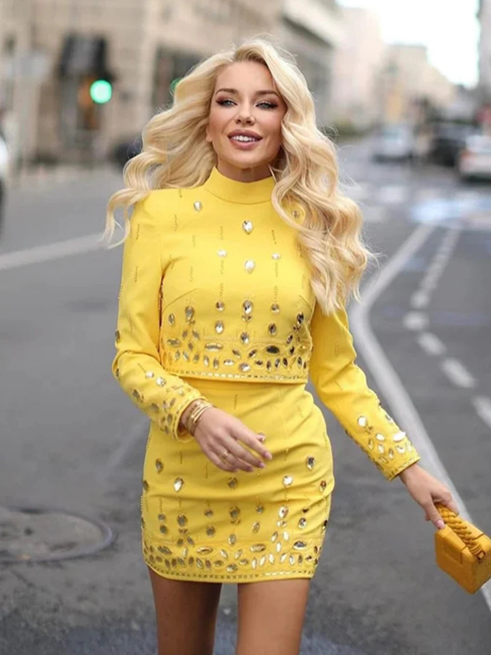 Long Sleeve Short Top and Mini Skirt Suit Outfit, Diamond Beaded Design,High Quality, 2 Pcs Set