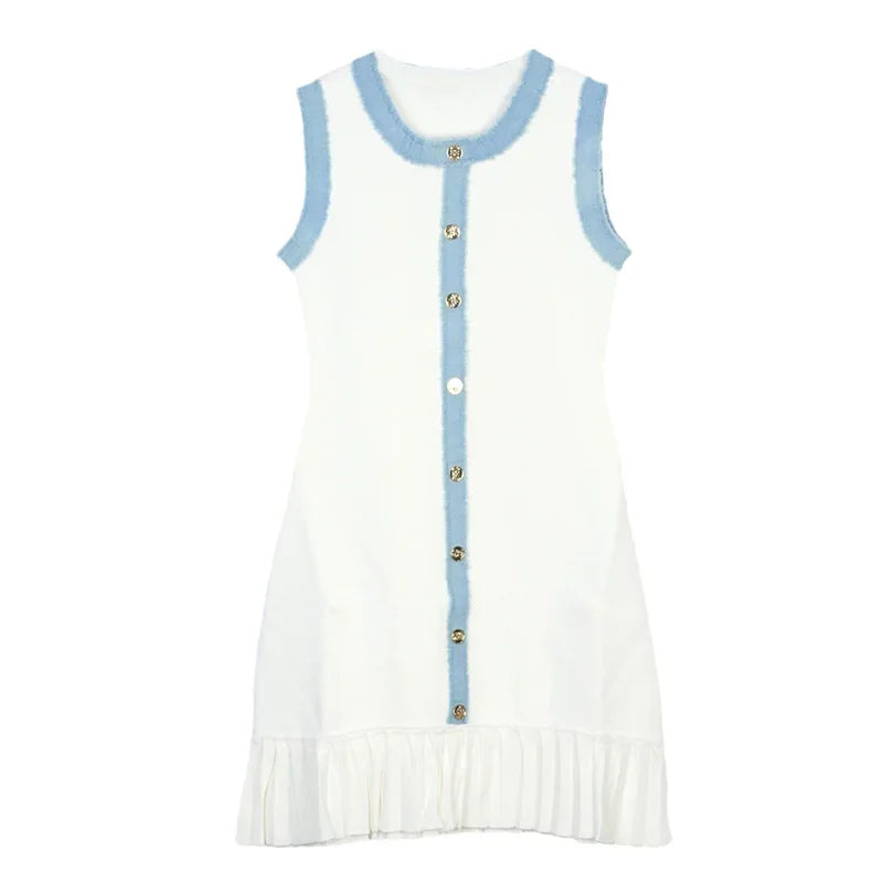 Denim Patchwork Skirts Round Collar Sleeveless Slim Dress Single-breasted Splicing