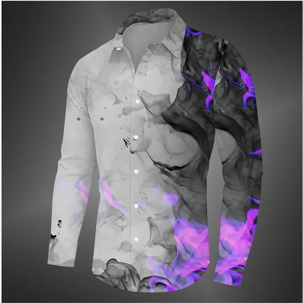 Flame Men's Shirt Button Shirt Party Lapel Shirt Long Sleeve Black, Yellow, Blue