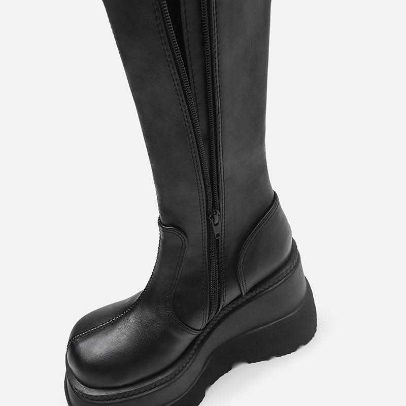 Wedge-heeled Mid-tube Boots Ladies Gothic Style Thick-soled Motorcycle Boots