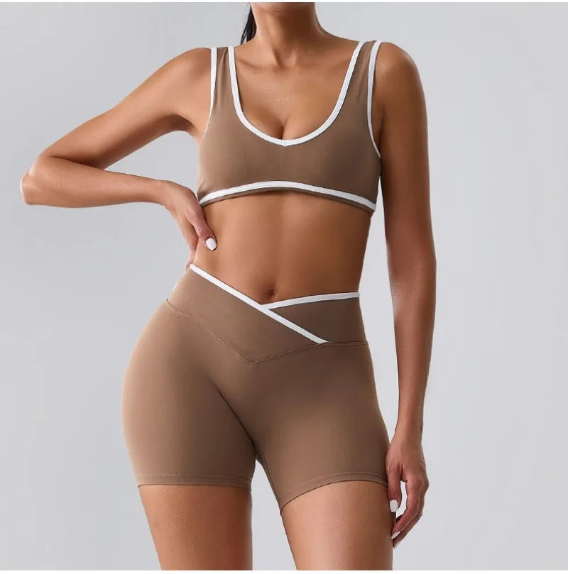 Seamless Yoga Sets Sports Fitness cross waist Waist Hip-lifting Shorts Bra Suit