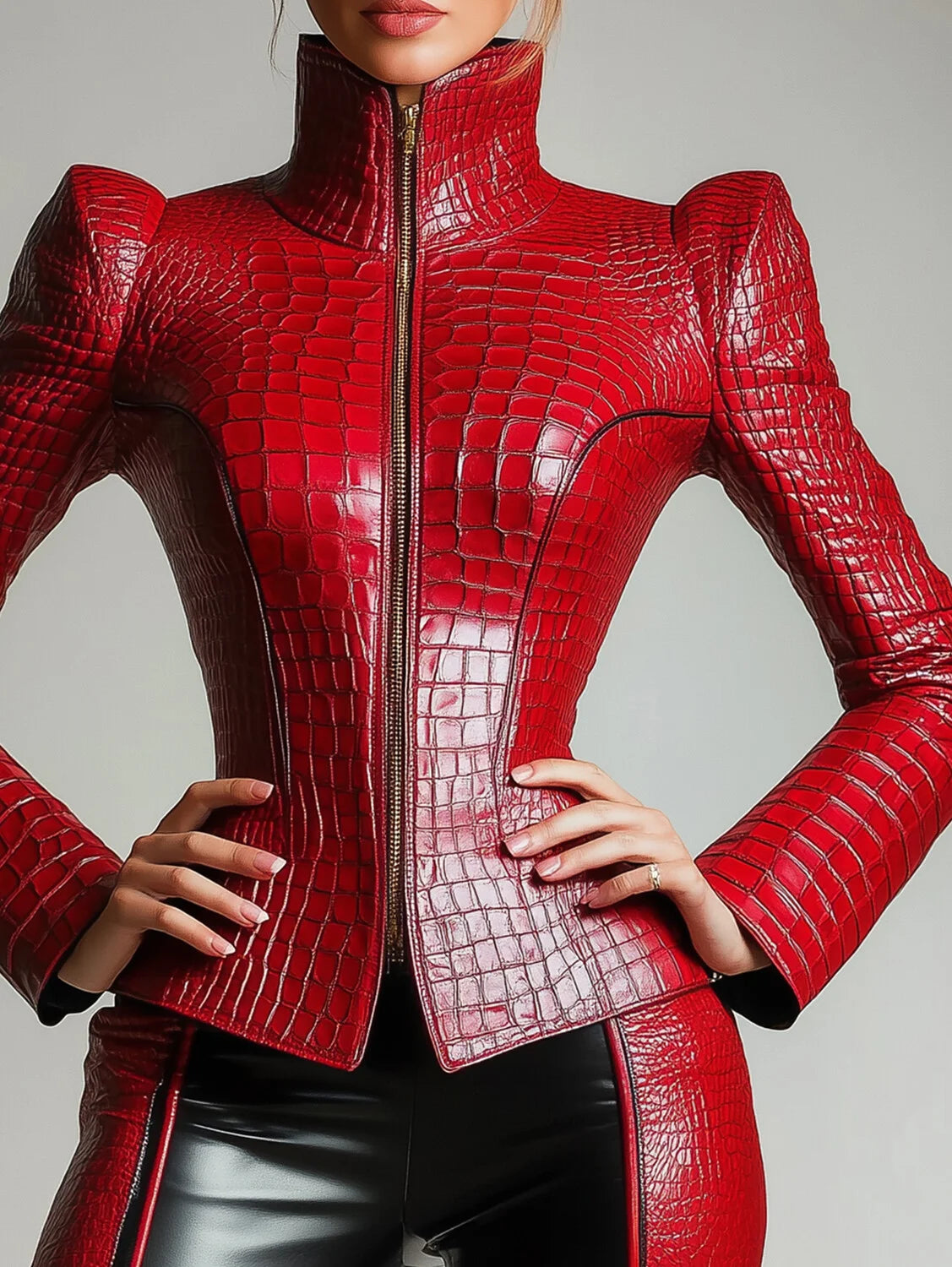 Fashion Women Alligator Pattern High Neck Long Sleeve Blouse Vintage Zipper Leather PU Tops High Street Streetwear Jacket