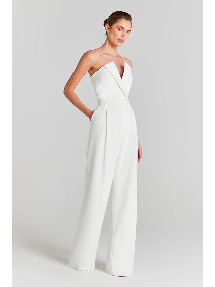 Mesh Pearl Beaded Bodysuits+Strapless Jumpsuit Two piece Sets Women White Jumpsuit Suits Evening