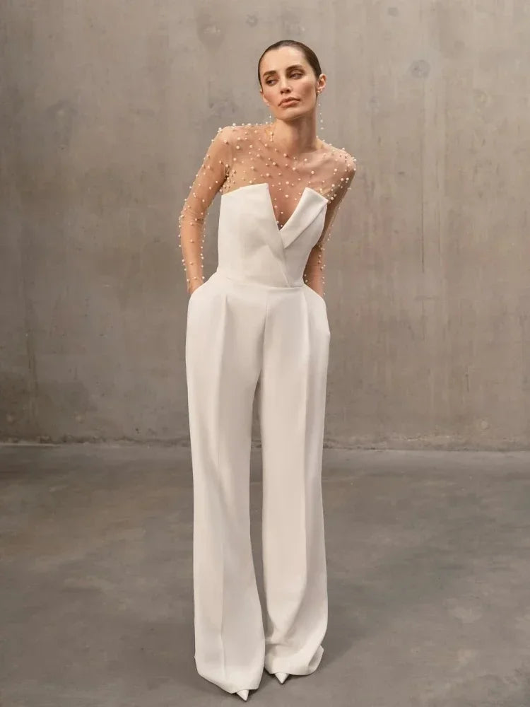 Mesh Pearl Beaded Bodysuits+Strapless Jumpsuit Two piece Sets Women White Jumpsuit Suits Evening