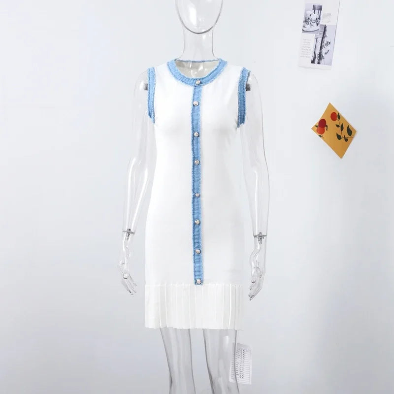 Denim Patchwork Skirts Round Collar Sleeveless Slim Dress Single-breasted Splicing