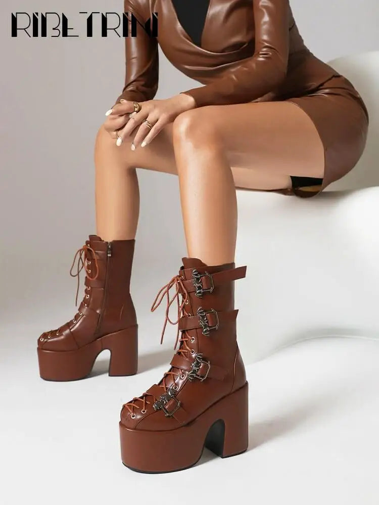 Goth Women Motorcycle Boots Block High Heels Platform Cool Street Boots