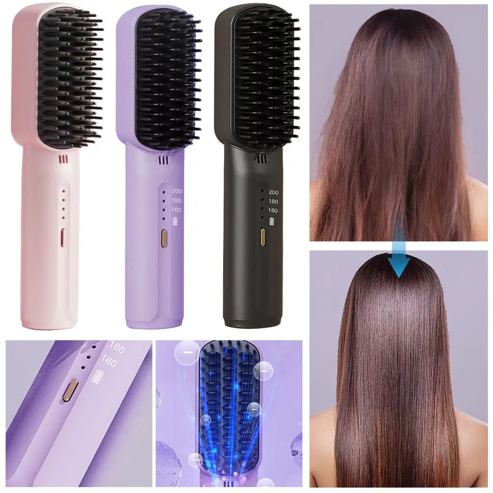 Cordless Electric Hot Comb Rechargeable Portable Straightening Brush Anti-Scald Hair Straightener Comb 3 Temp Settings for Women Pink / United States Black / United States
