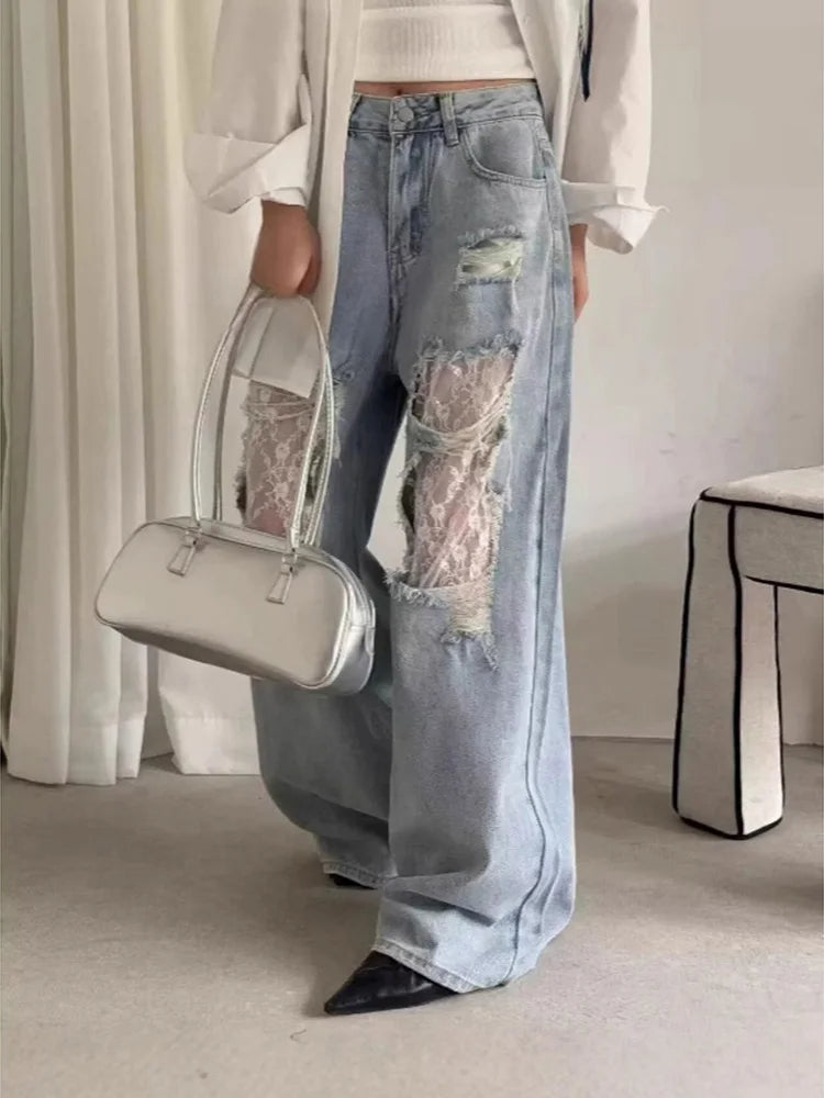 American Style Hottie Hole Lace Spliced Jeans for Women Y2k Fashion High Waist Loose Wide Leg Pants