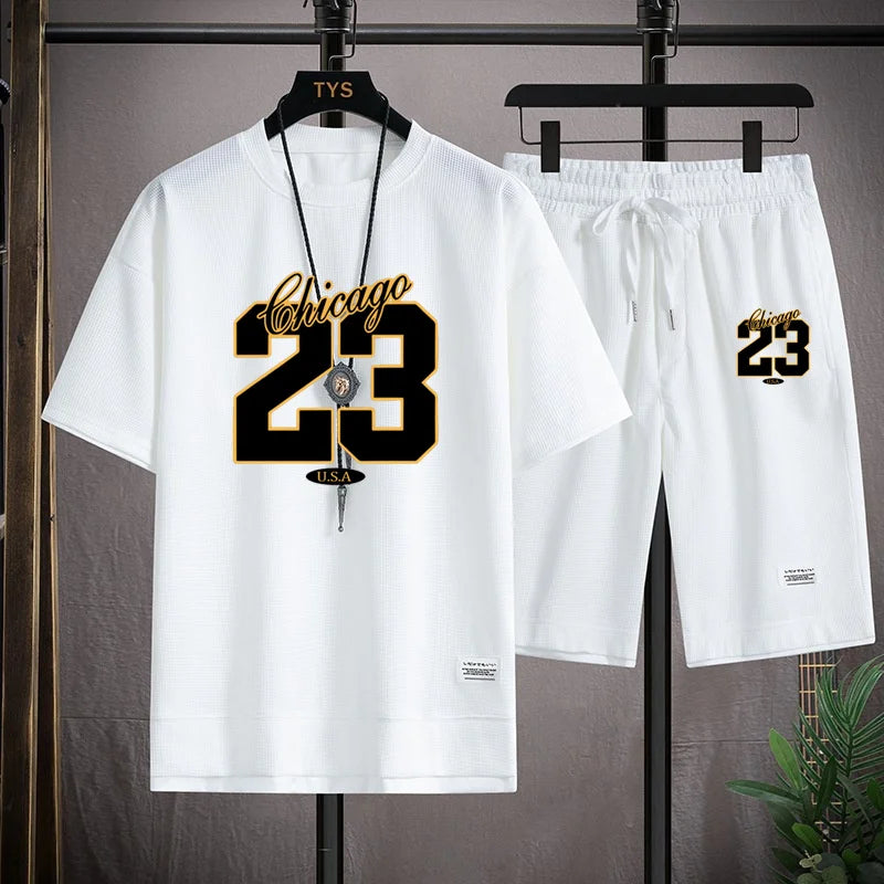 High Quality Men's Korea Comfortable and Summer Fashion Print Sports Suit Fitness Jogging Daily Casual Wear Beach Shorts Set