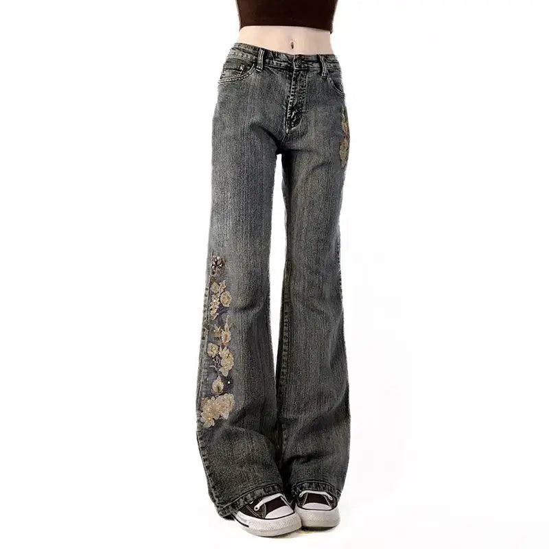 Beaded Embroidered Micro Slim Flare Jeans Street Y2k