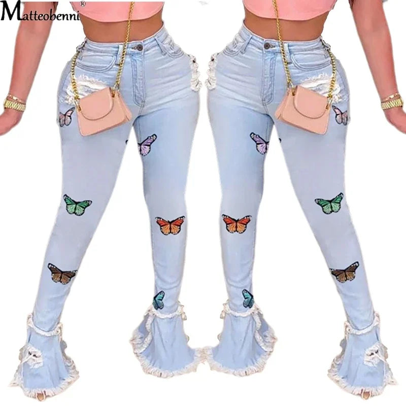 Butterfly Embroidery Denim Flare Pants Women High Waist Skinny Jeans Wide Leg Casual Bell Bottom Jeans Light blue / S Light blue / XXL Light blue / XL Light blue / S-Light blue / XXL-Light blue / XL-Light blue / L-Light blue / M-Light blue / XXXL-