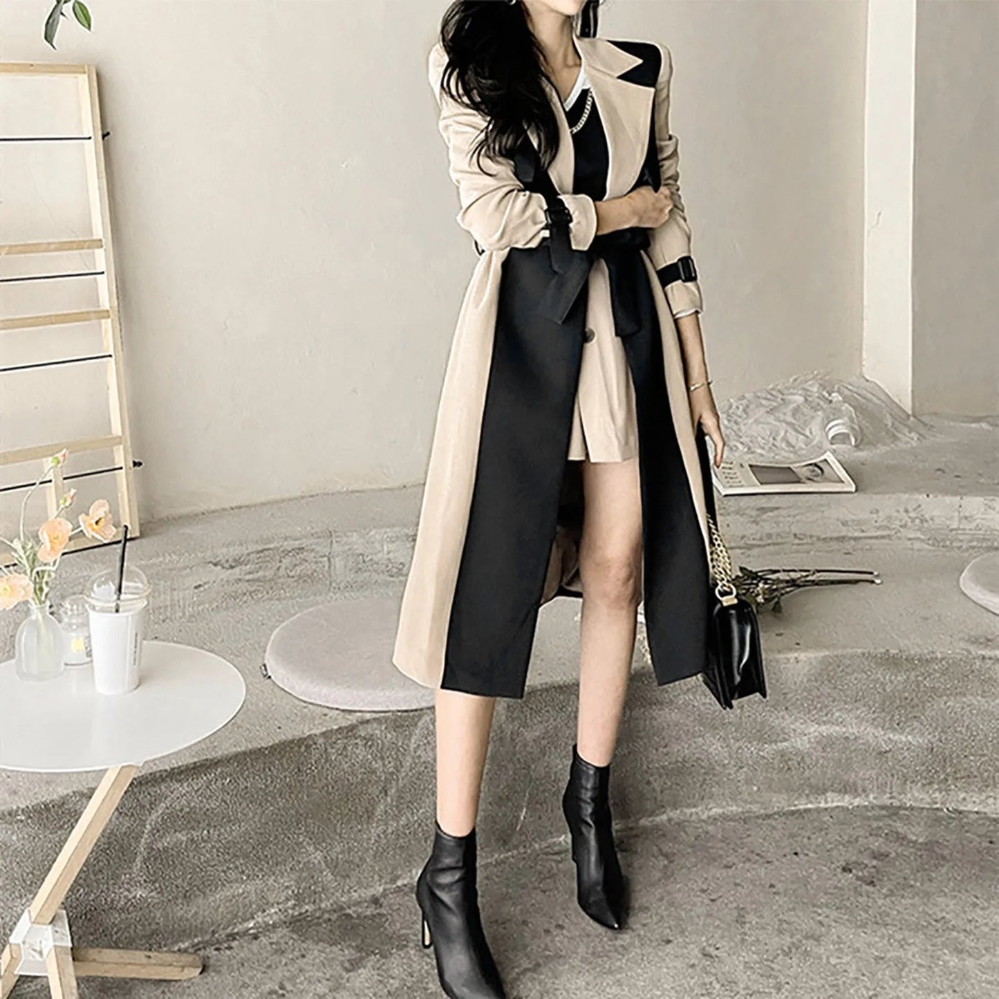 Elegant Long Jacket Women Retro Formal Black Khaki Contrast Notched Collar Windbreaker Coat