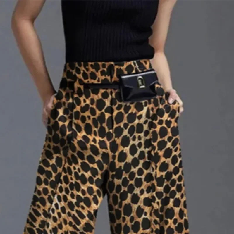 Women High Street Leopard Printed Pants Casual Loose Split-Front High-Waist Wide Leg