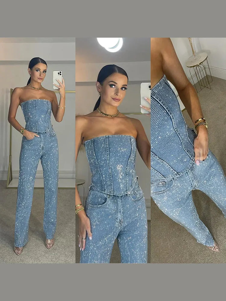 Diamond Vest Jeans Set For Women Sleveless Tube Tops High Waist Pocket Denim