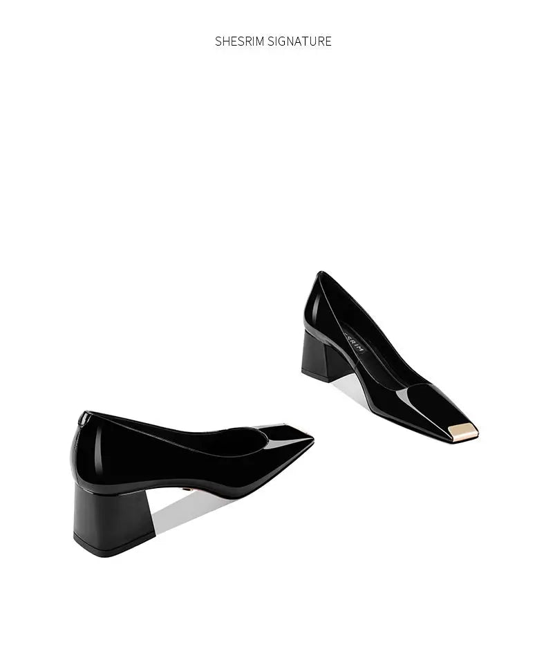 Ladies pumps chunky heels leather square head shallow mouth comfortable