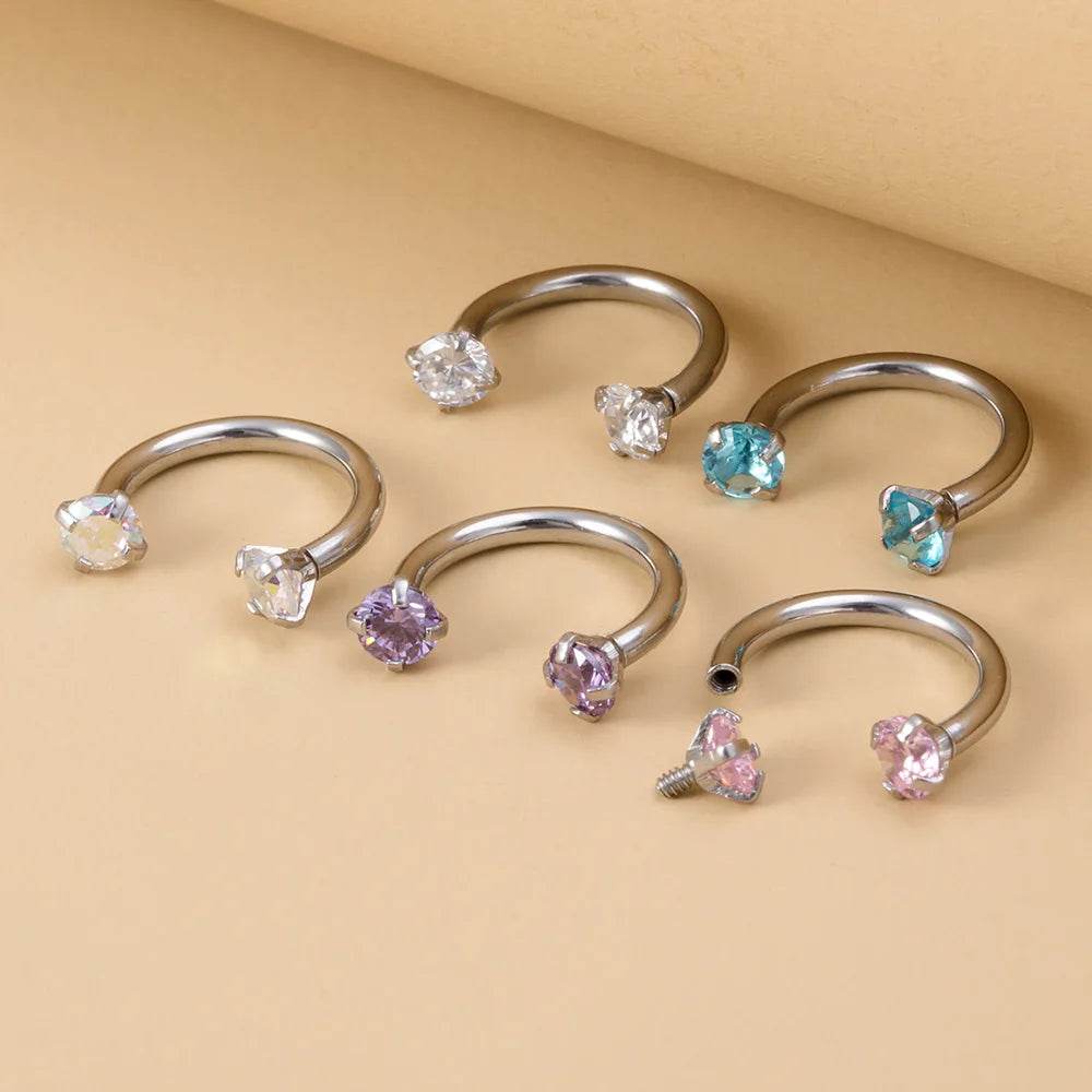 1pc Star Round Zircon Horseshoe Septum Piercing Nose Ring Hoop Eyebrow Lip Ring 8mm 16G - Fashionqueene.com