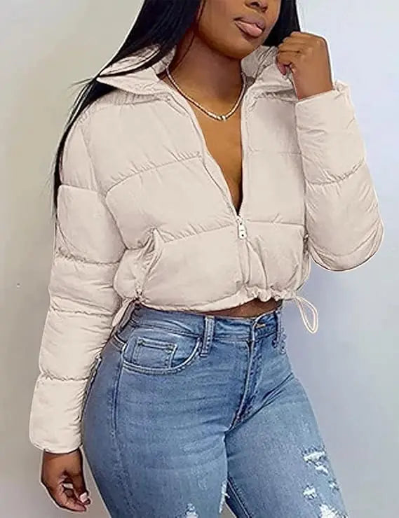 Women's Winter Cropped Puffer Jacket Long Sleeve Full Zip Lightweight Warm Quilted Down Coats