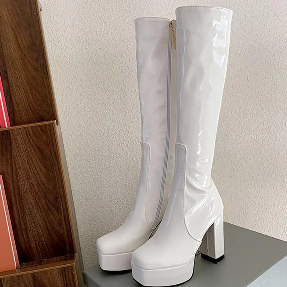 Chunky Heel Platform Women's Knee High Boots Comfortable Side Zipper WHITE / 10 / United States WHITE / 9 / United States