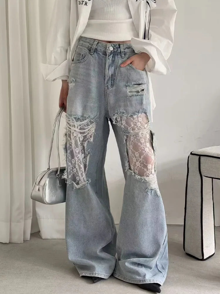 American Style Hottie Hole Lace Spliced Jeans for Women Y2k Fashion High Waist Loose Wide Leg Pants