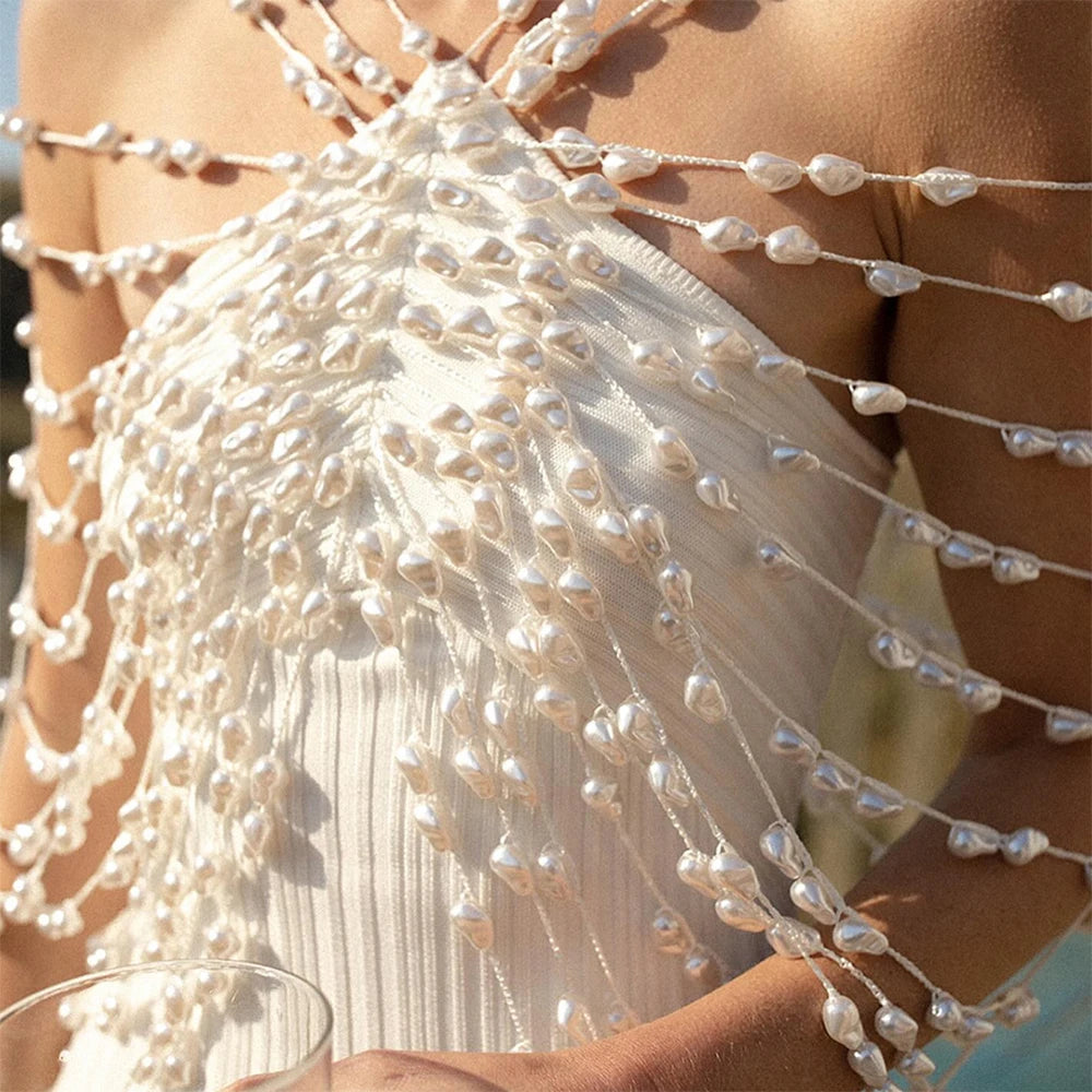 Shawl Top Pearl Necklace Body Chain for Women Female Beads Tops Elegant Shawl