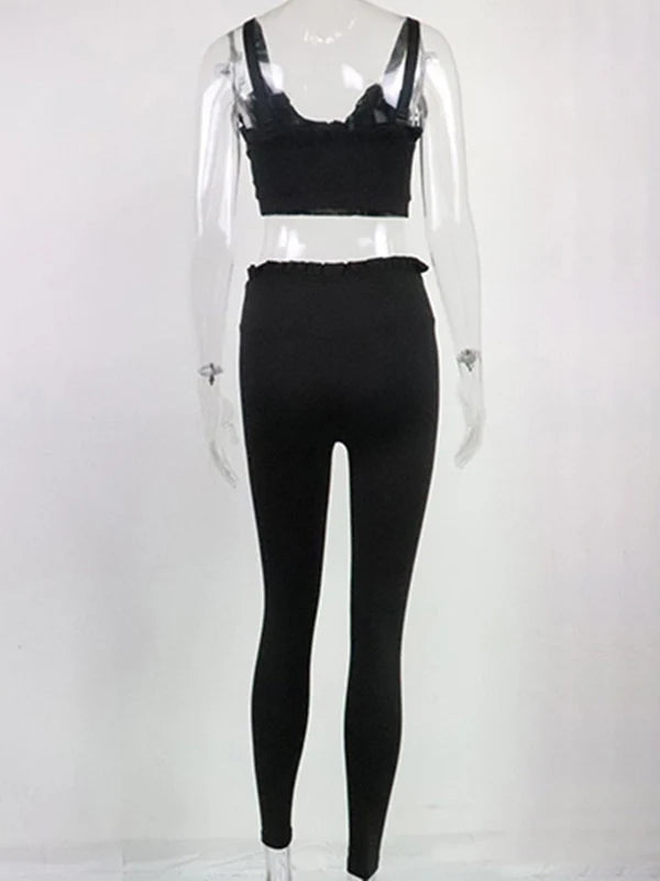 Solid Color Wood Ear Bra & Hip-Lifting High Waist Leggings Pants Fitness Yoga Two Pieces Set